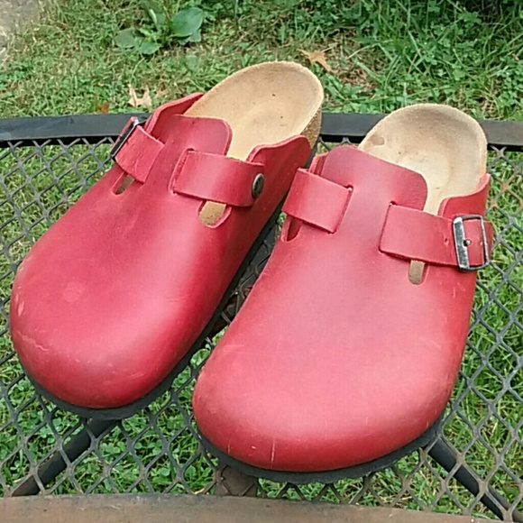 red birkenstock clogs